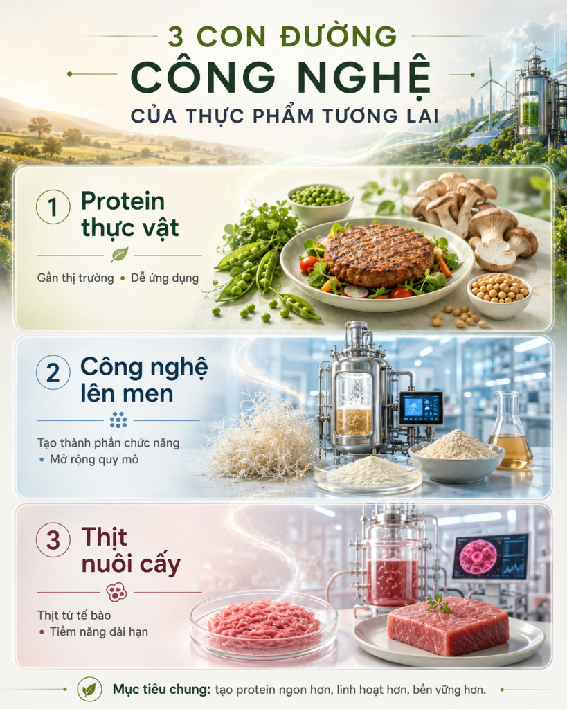 Ba công nghệ chính của thực phẩm tương lai gồm protein thực vật công nghệ lên men và thịt nuôi cấy